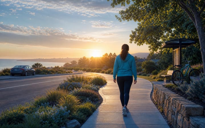 Person walking toward a sunrise beside a parked car, representing recovery and rebuilding life after a driving ban