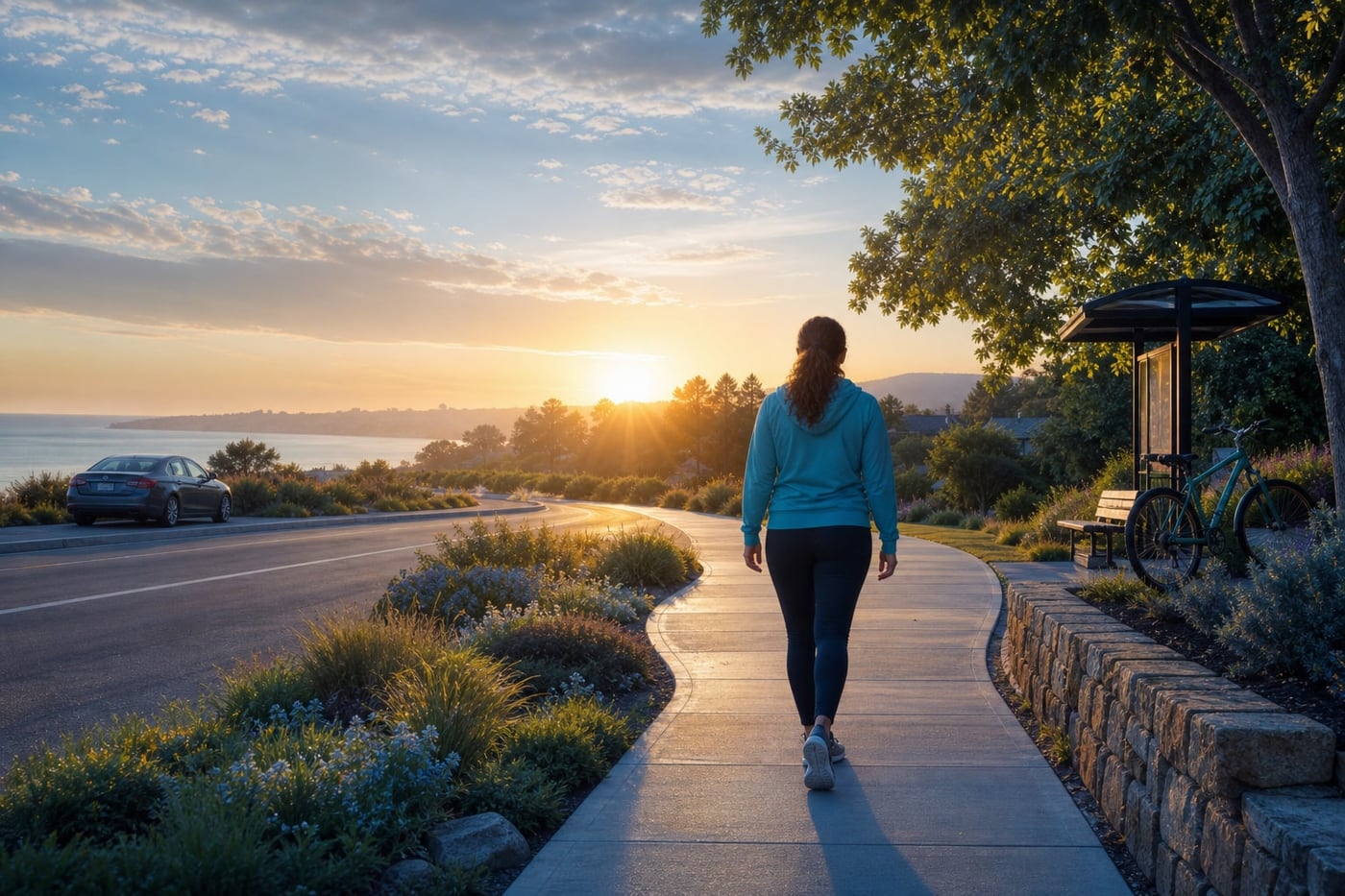 Person walking toward a sunrise beside a parked car, representing recovery and rebuilding life after a driving ban