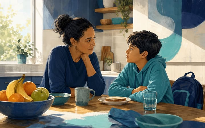 Parent and child sharing a calm conversation at a kitchen table in a safe, welcoming home