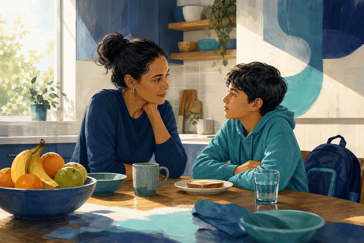 Parent and child sharing a calm conversation at a kitchen table in a safe, welcoming home