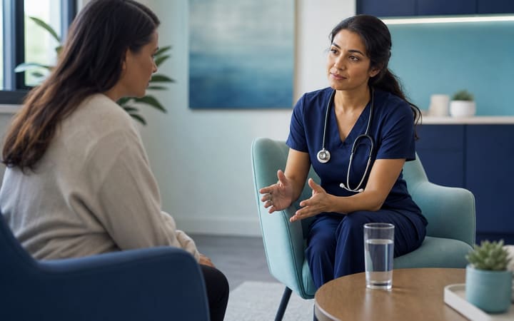 A person speaking calmly with a healthcare professional in a bright, private clinic