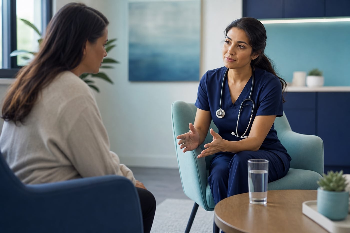 A person speaking calmly with a healthcare professional in a bright, private clinic