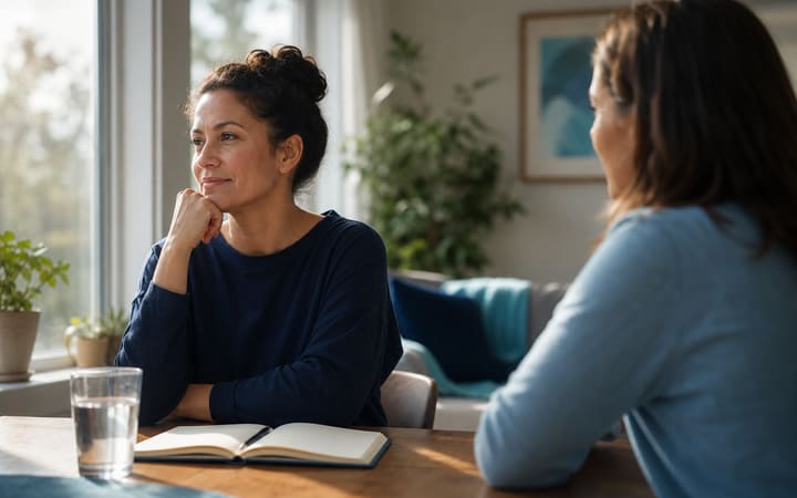 A thoughtful adult sitting by a bright window with a notebook and a supportive friend nearby