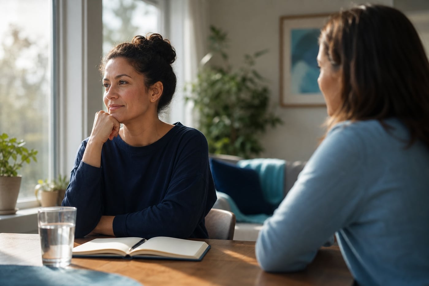 A thoughtful adult sitting by a bright window with a notebook and a supportive friend nearby