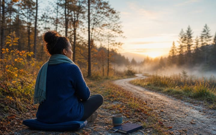 A person practicing quiet mindfulness beside a peaceful woodland path at sunrise