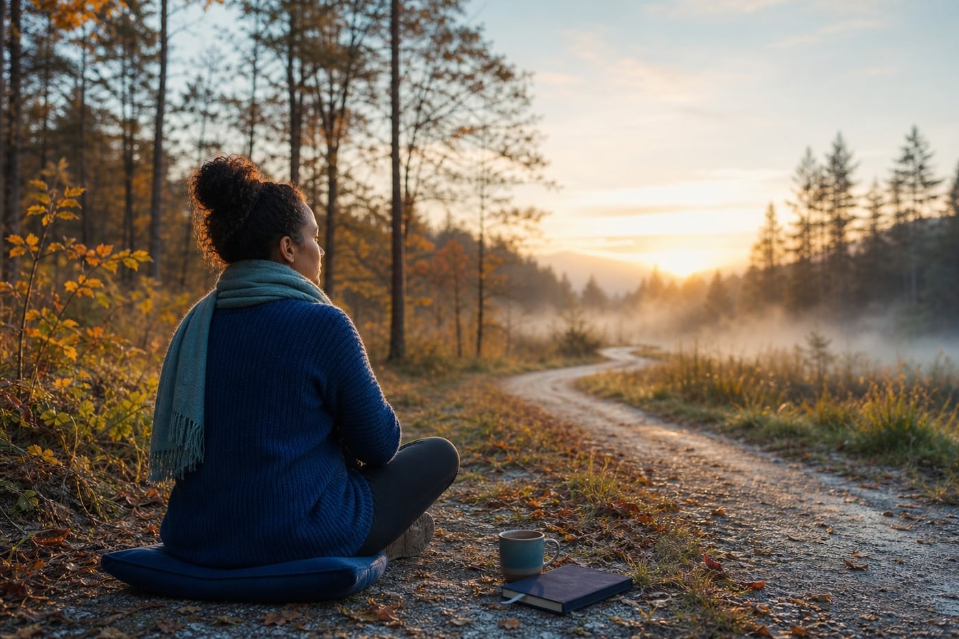 A person practicing quiet mindfulness beside a peaceful woodland path at sunrise