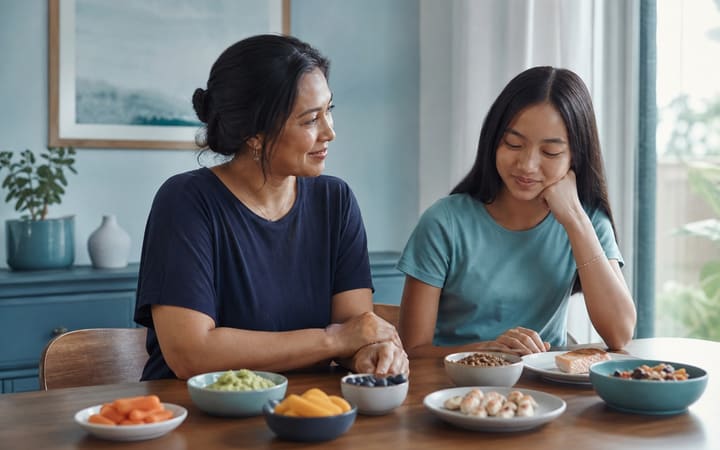 A calm, supportive meal setting with several simple foods arranged in separate dishes