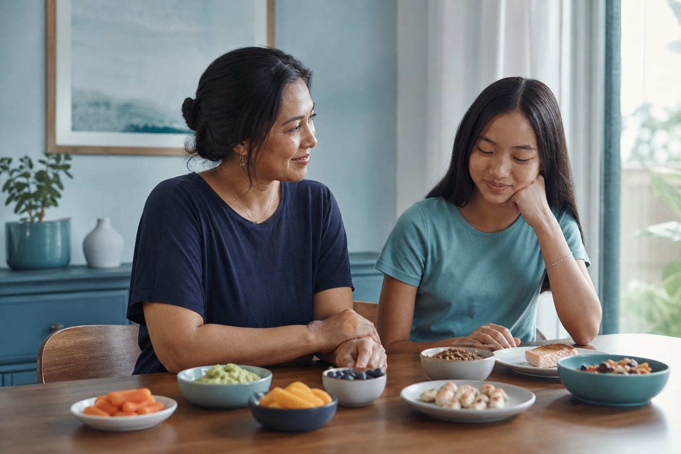 A calm, supportive meal setting with several simple foods arranged in separate dishes