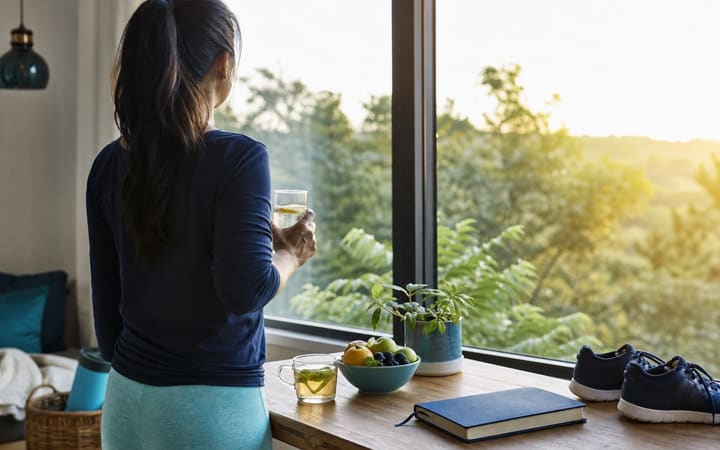 A person enjoying a calm alcohol-free morning with water, fruit, walking shoes and a journal beside a sunny window