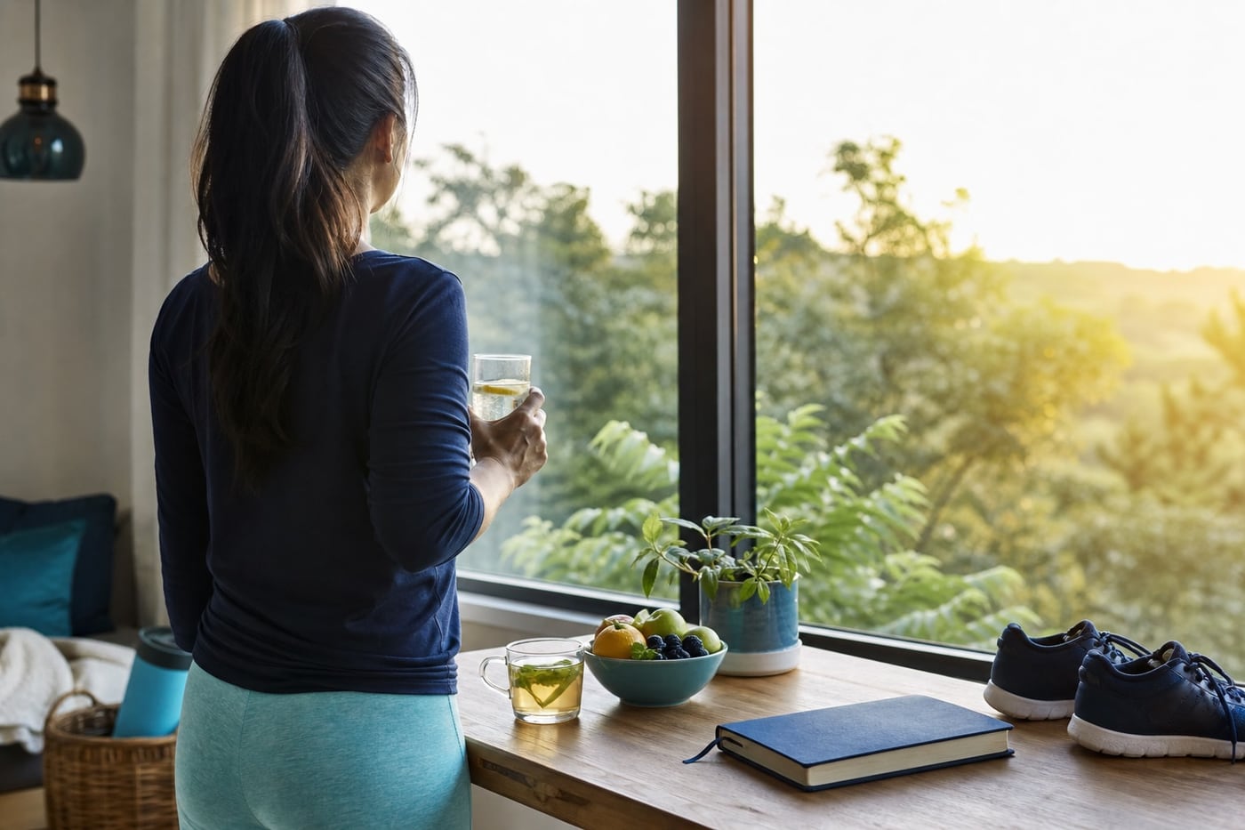 A person enjoying a calm alcohol-free morning with water, fruit, walking shoes and a journal beside a sunny window