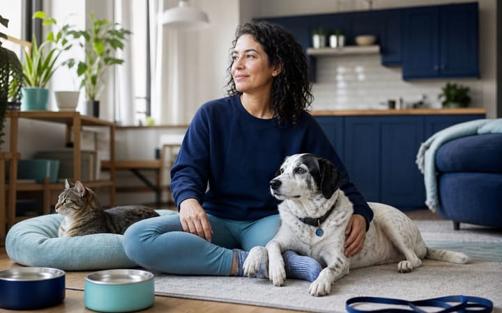 Person relaxing at home with a calm adult dog and cat during a peaceful morning routine
