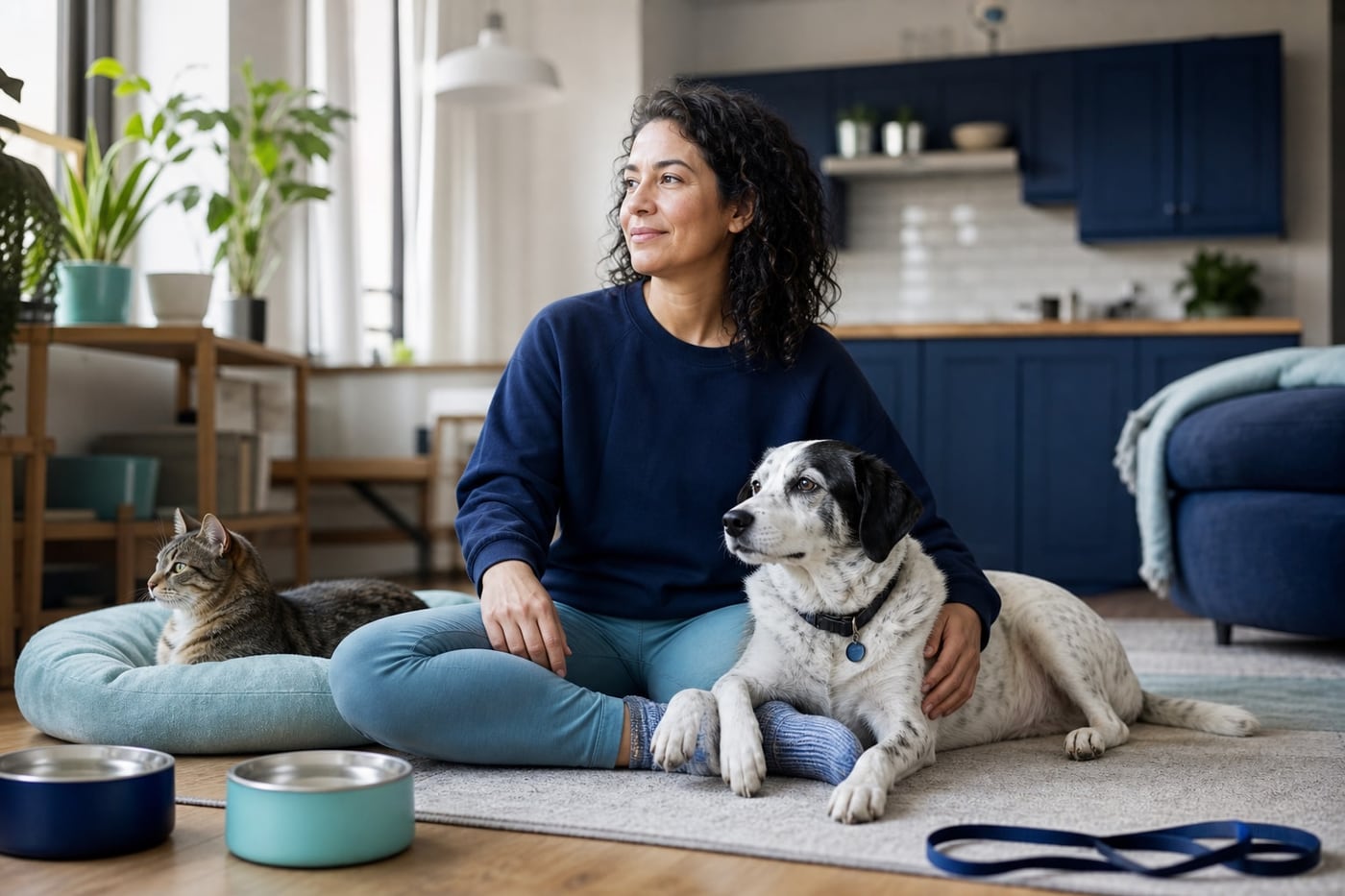 Person relaxing at home with a calm adult dog and cat during a peaceful morning routine