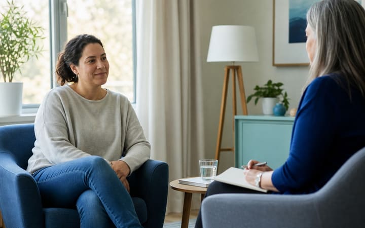 A person sharing a calm, supportive conversation with a health professional in a welcoming room
