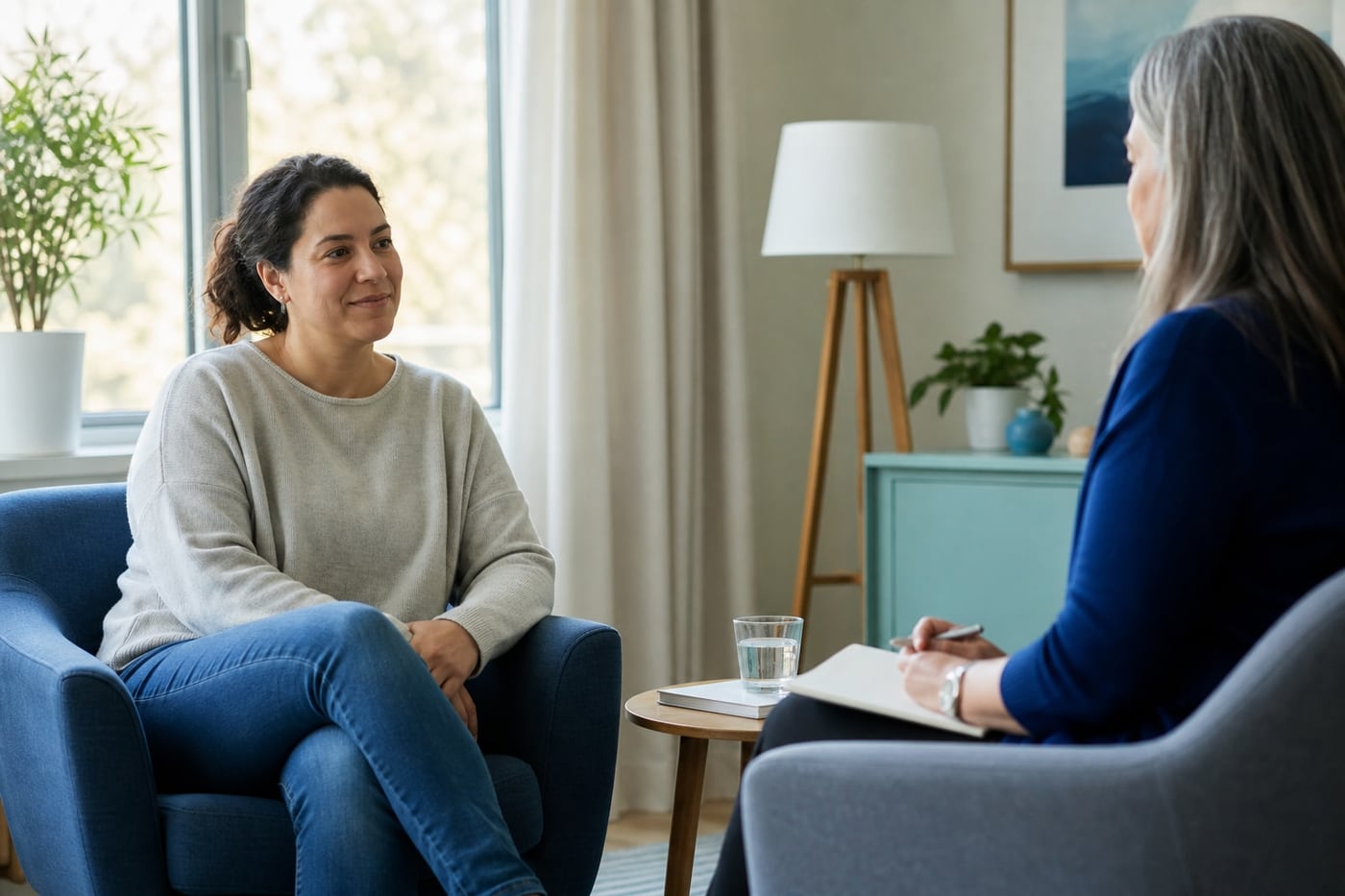 A person sharing a calm, supportive conversation with a health professional in a welcoming room