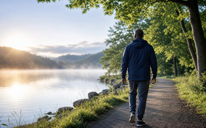 A person walking beside a calm lake at sunrise, representing hope and gradual liver recovery after drinking