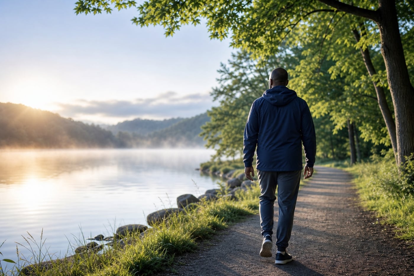 A person walking beside a calm lake at sunrise, representing hope and gradual liver recovery after drinking