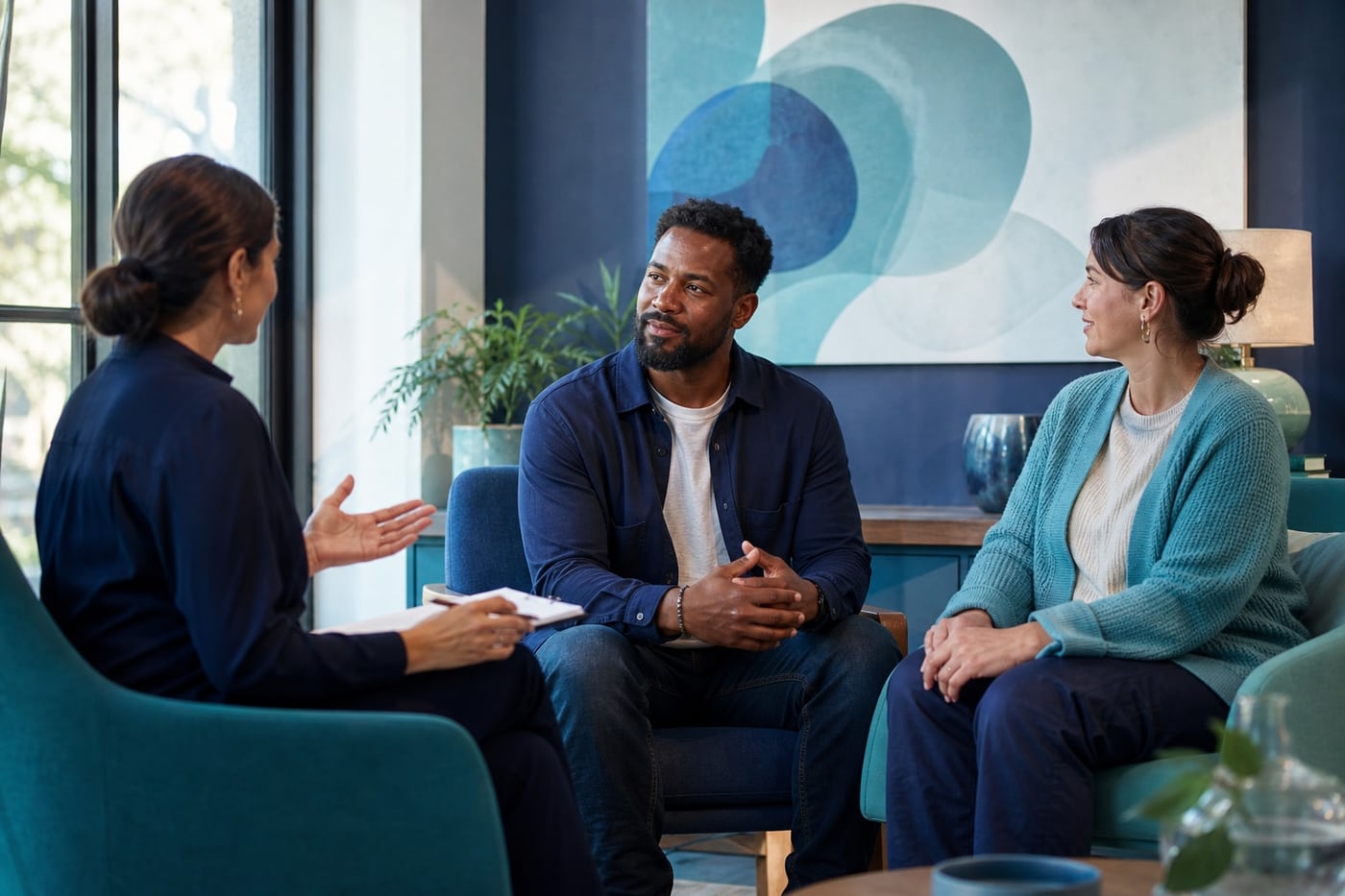 Adult discussing cocaine recovery options with a health professional in a calm, supportive clinic