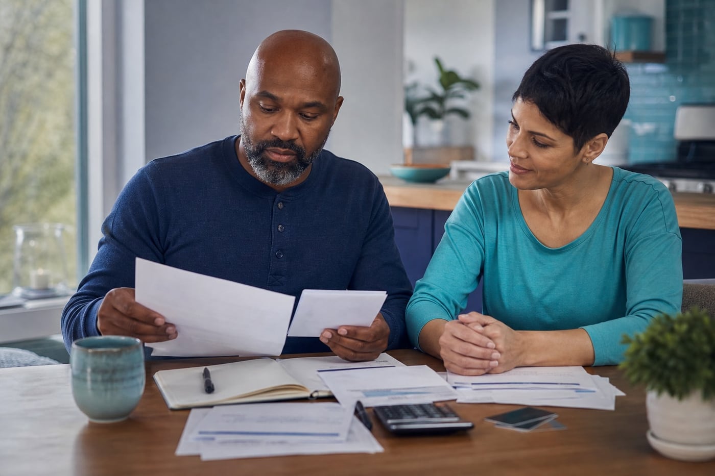 Person calmly reviewing bills with a notebook, calculator and laptop at a tidy kitchen table