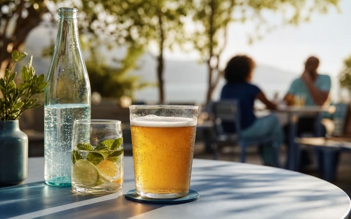 Unbranded alcohol-free beer in a clear glass beside sparkling water and citrus on a calm outdoor table