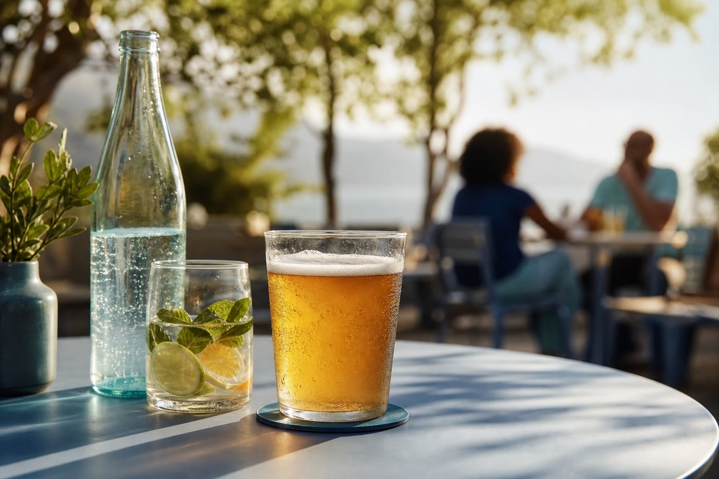 Unbranded alcohol-free beer in a clear glass beside sparkling water and citrus on a calm outdoor table