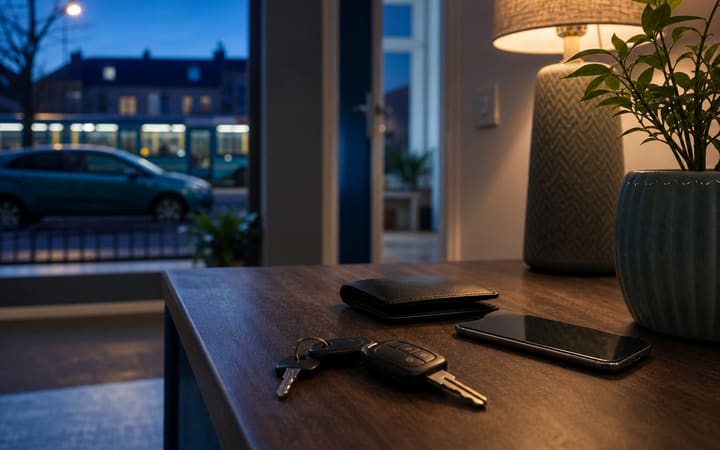 Car keys resting safely on a table while a parked car and public transportation are visible outside at dusk