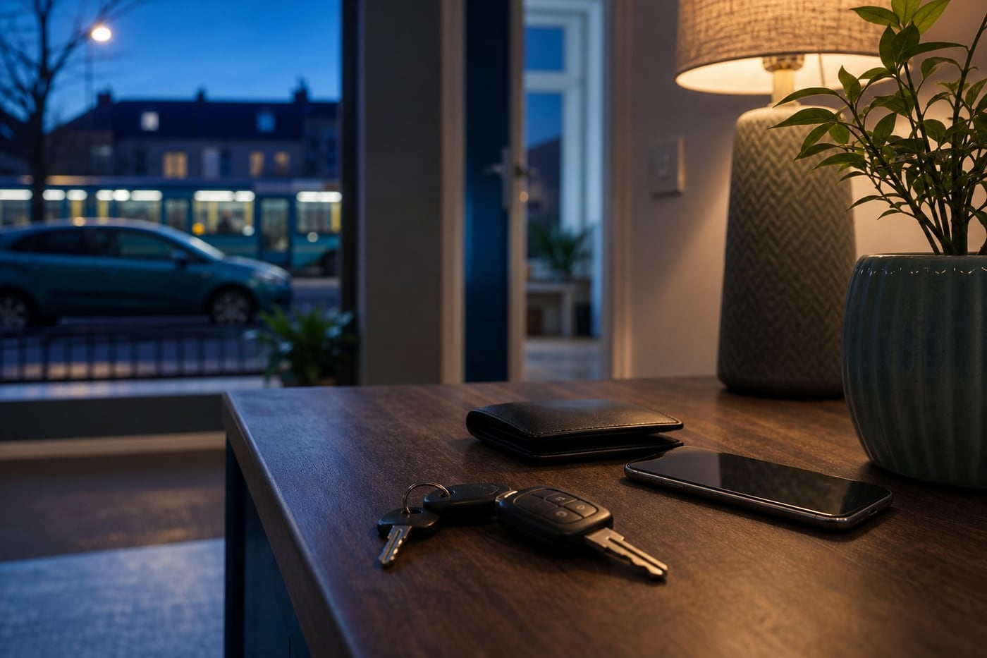 Car keys resting safely on a table while a parked car and public transportation are visible outside at dusk