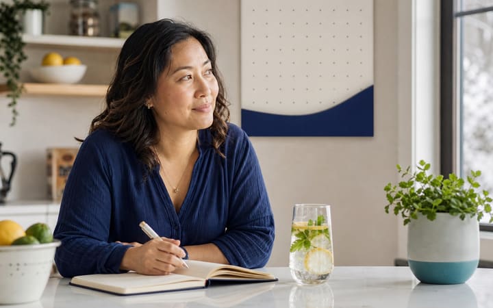 Person enjoying an alcohol-free drink beside a journal in a bright, calm kitchen