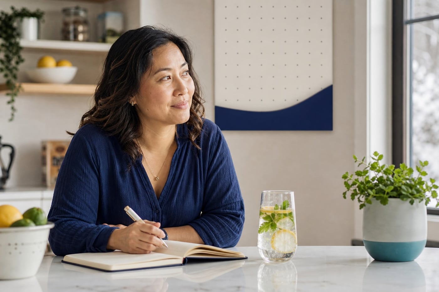Person enjoying an alcohol-free drink beside a journal in a bright, calm kitchen