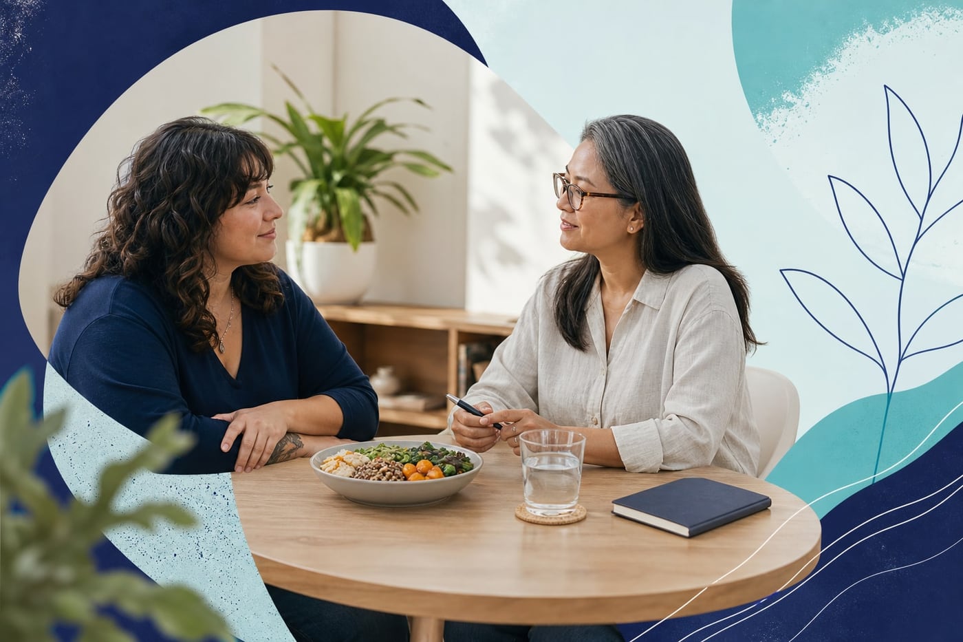 A person having a calm, supportive conversation with two health professionals beside a simple meal and notebook