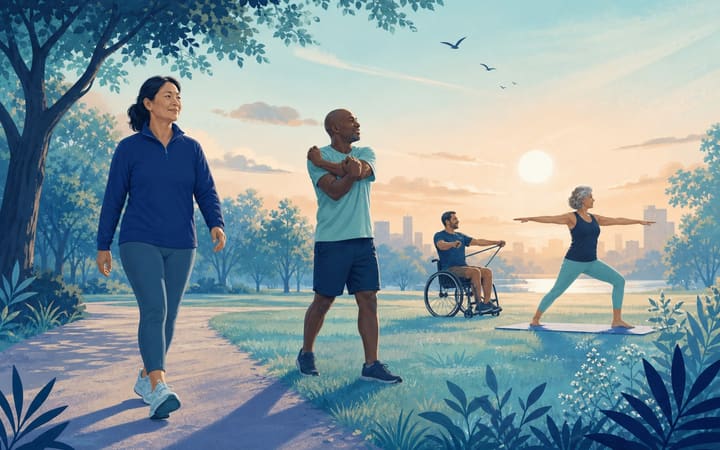 A diverse group of adults walking, stretching and exercising together in a peaceful green park