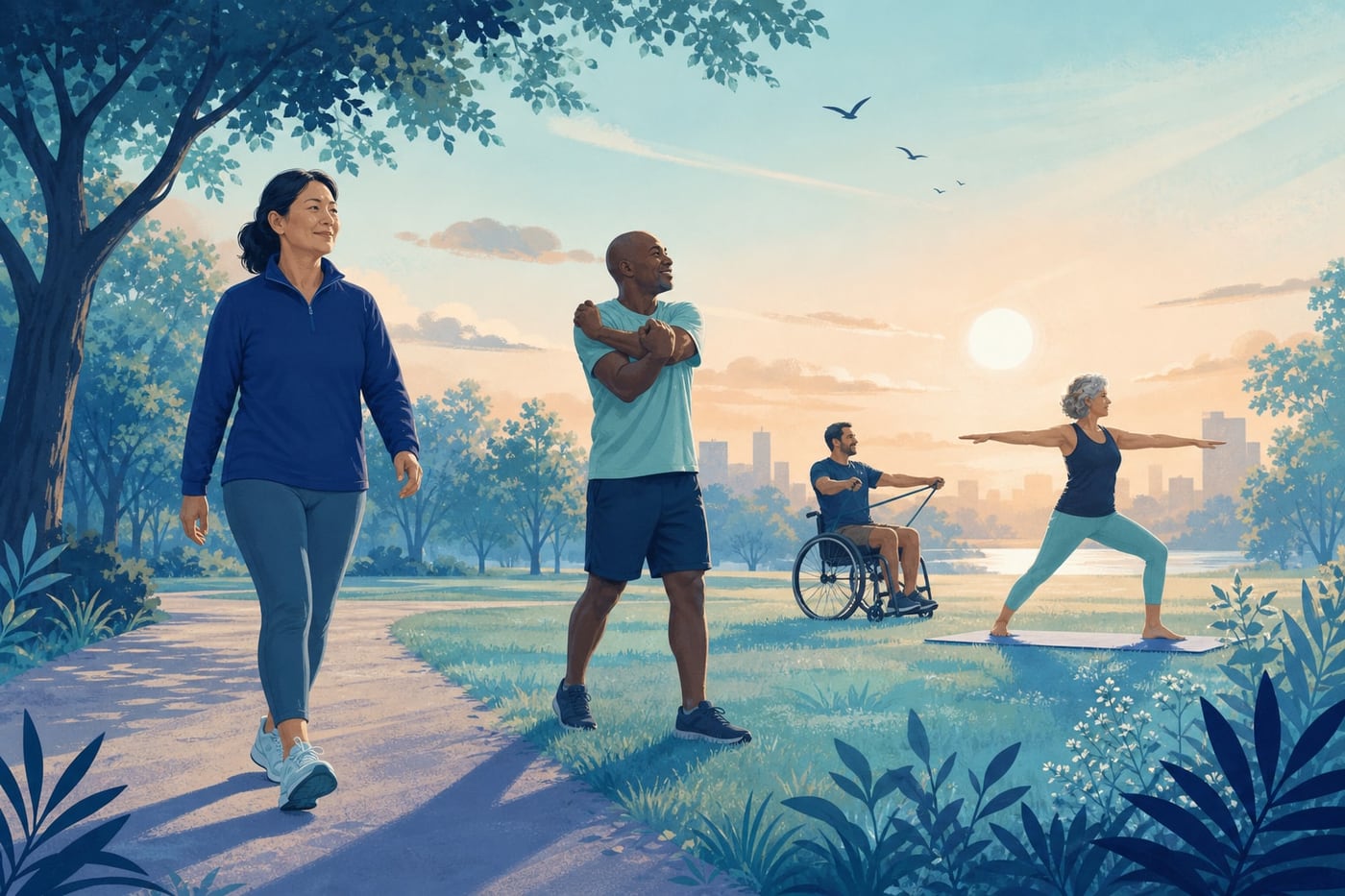 A diverse group of adults walking, stretching and exercising together in a peaceful green park