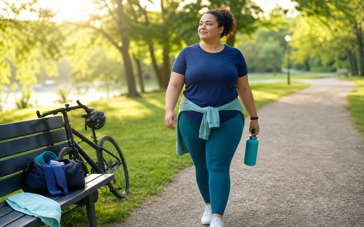 Person in workout clothes walking confidently along a sunlit park trail