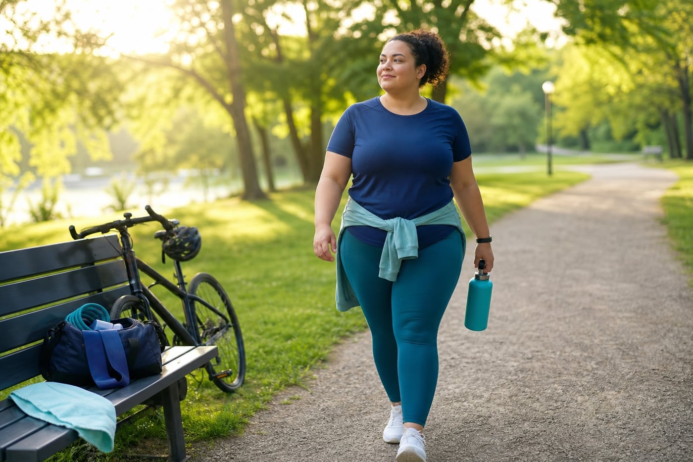 Person in workout clothes walking confidently along a sunlit park trail