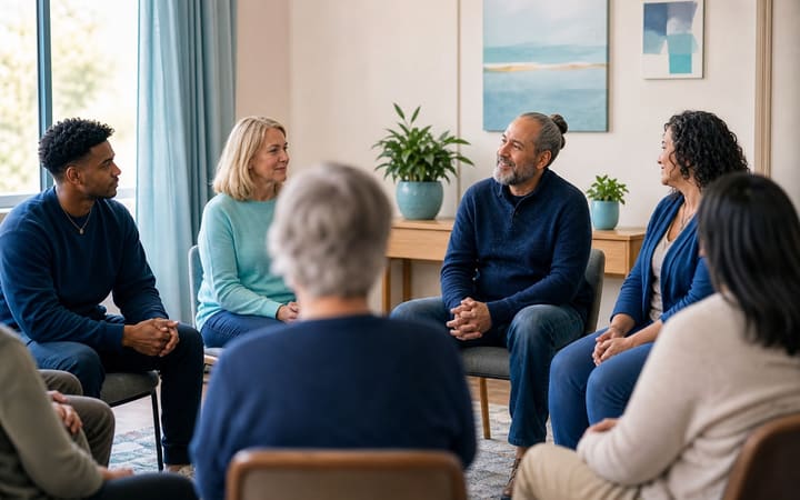 A diverse group of adults having a calm, supportive conversation in a bright community room