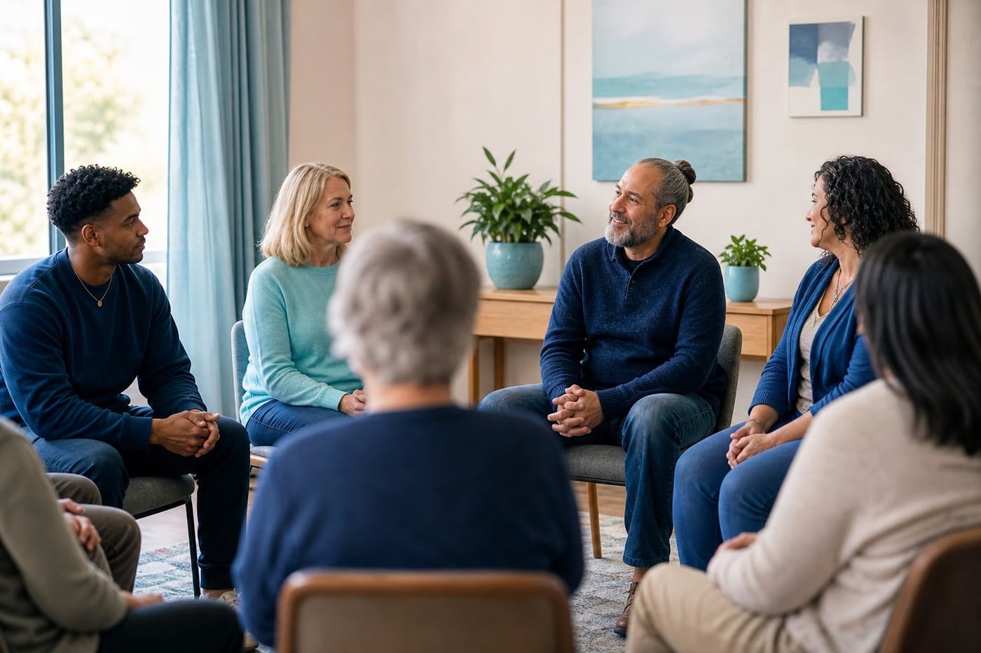 A diverse group of adults having a calm, supportive conversation in a bright community room