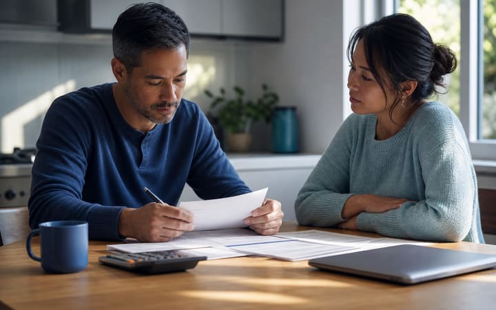 Adult reviewing household finances with support from another person beside a closed laptop.