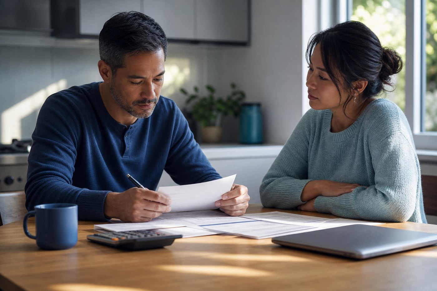 Adult reviewing household finances with support from another person beside a closed laptop.