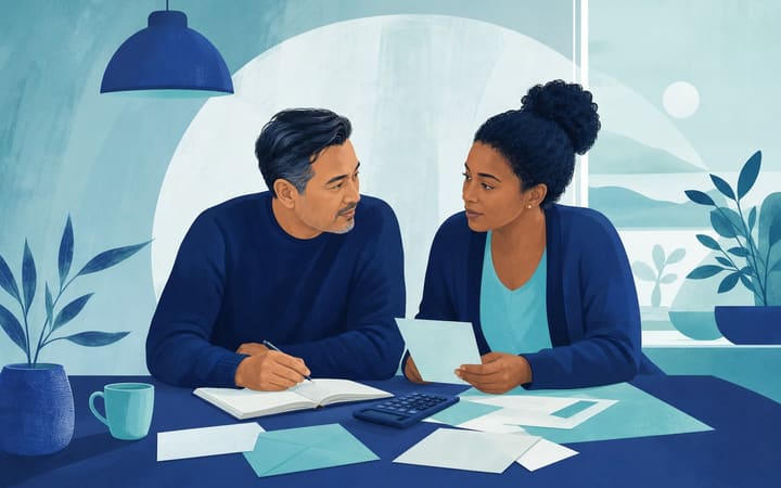 Two adults having a calm, supportive conversation at a kitchen table with a notebook and household budget papers