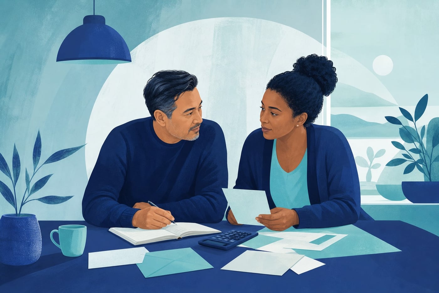 Two adults having a calm, supportive conversation at a kitchen table with a notebook and household budget papers