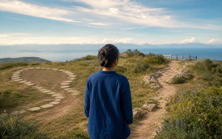 An adult pausing at a fork between a familiar looping path and a clearer open path, symbolising habit, choice and addiction recovery.