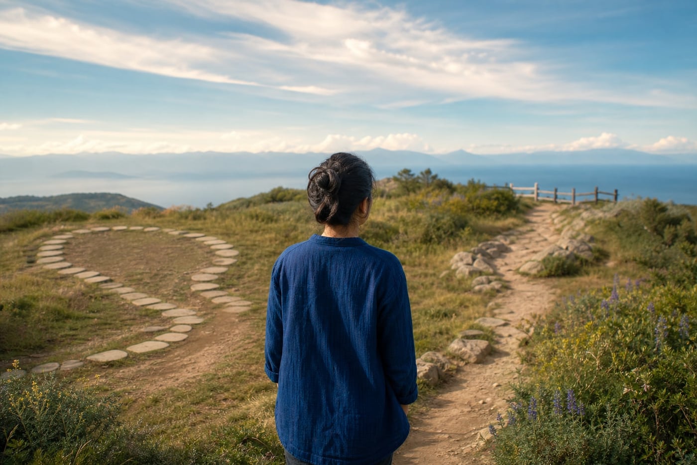 An adult pausing at a fork between a familiar looping path and a clearer open path, symbolising habit, choice and addiction recovery.