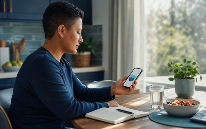 Person using a sobriety tracking app while sitting beside a journal in a calm morning setting
