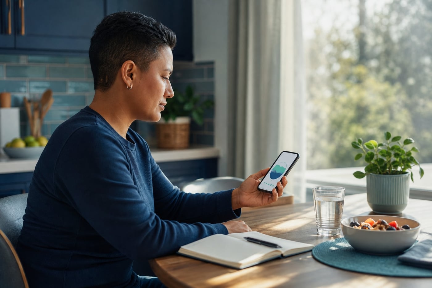 Person using a sobriety tracking app while sitting beside a journal in a calm morning setting