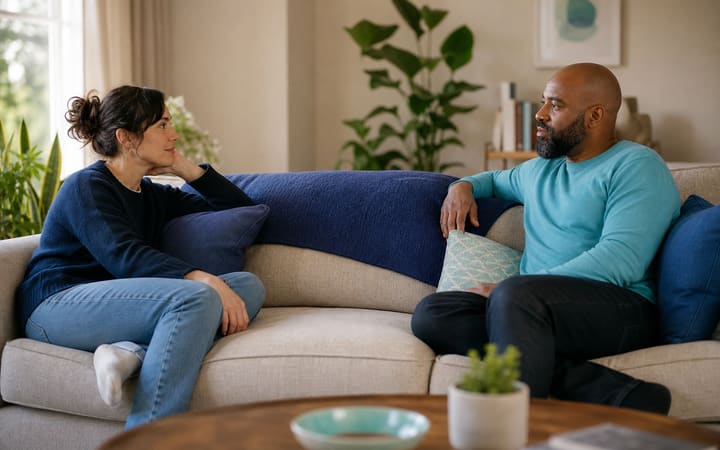 Two adults sitting apart on a sofa before beginning a calm, honest conversation