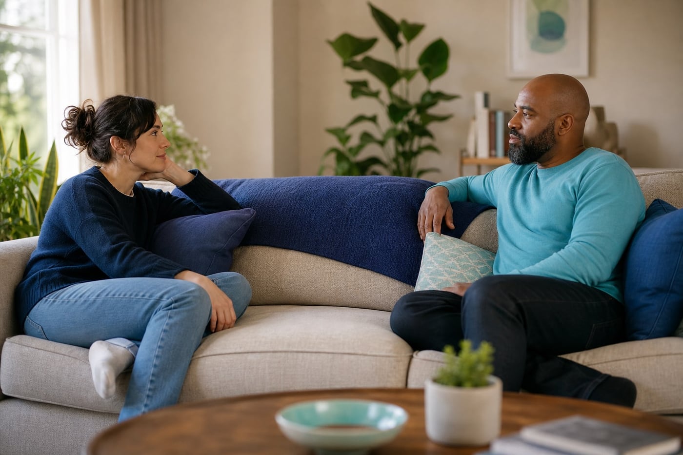 Two adults sitting apart on a sofa before beginning a calm, honest conversation