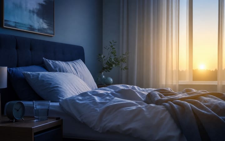 A calm, softly lit bedroom at dawn representing improving sleep after stopping alcohol