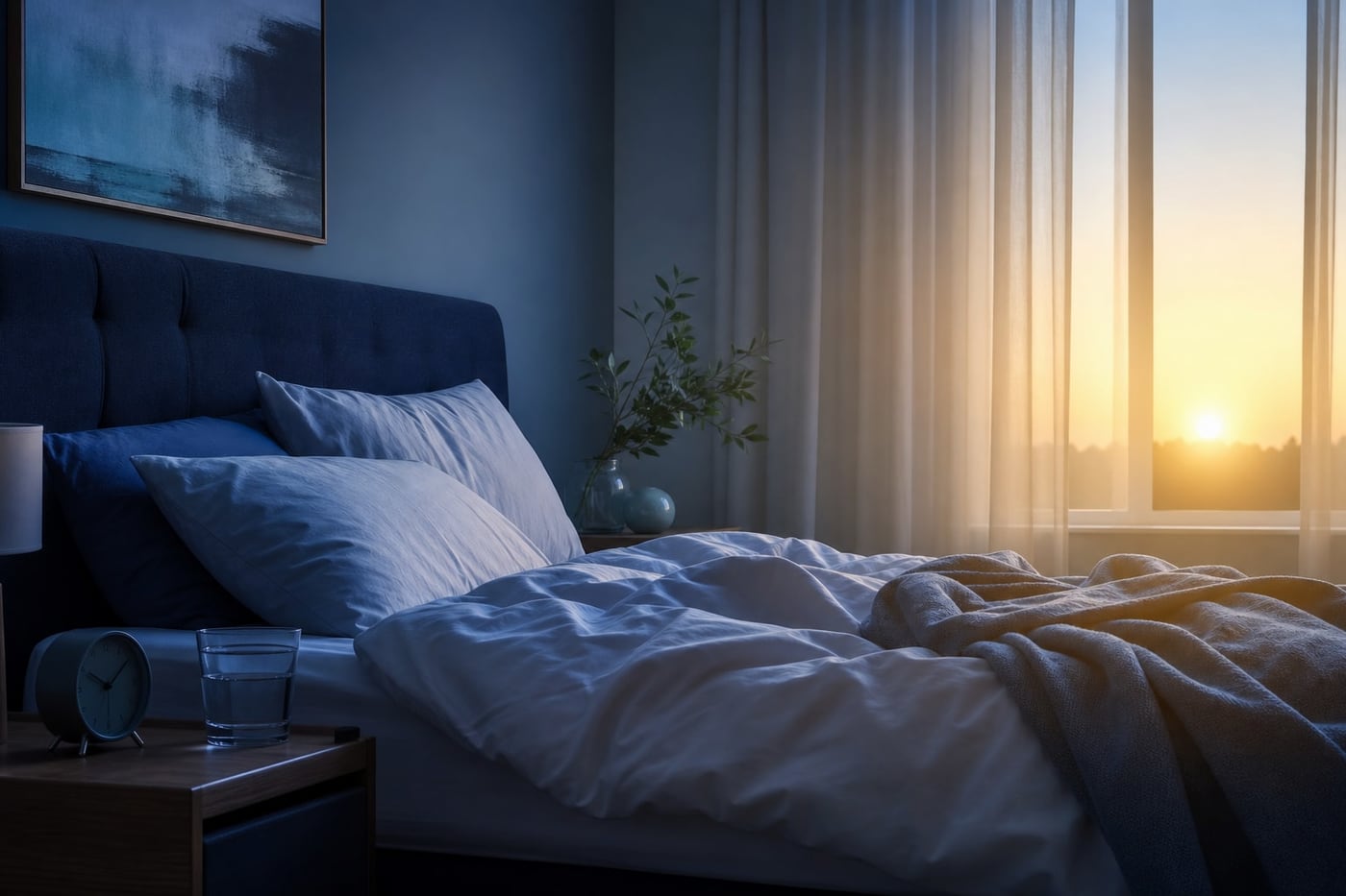 A calm, softly lit bedroom at dawn representing improving sleep after stopping alcohol