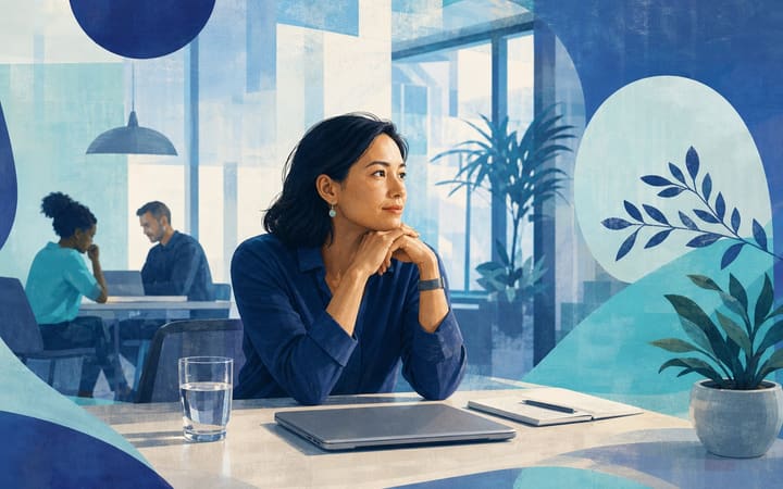 Office worker sitting thoughtfully at a tidy desk while colleagues work in the softly focused background