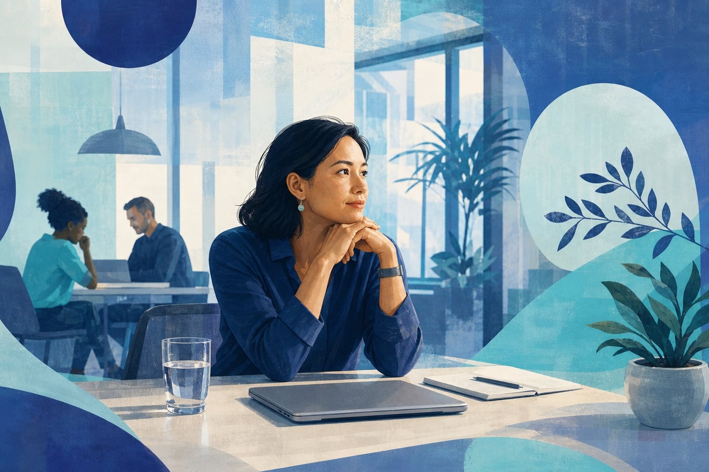Office worker sitting thoughtfully at a tidy desk while colleagues work in the softly focused background