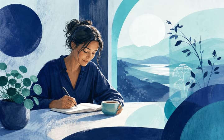 A thoughtful adult sitting by a bright kitchen window with a notebook and cup of tea